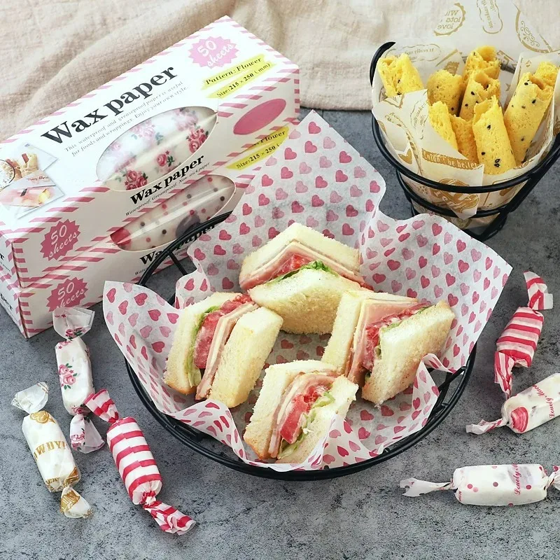 50PCS Food Grade Greaseproof Paper, Printed Sandwich Burger Wrapping Paper, Baking Liner & Pastry Tray Paper for Food Packaging