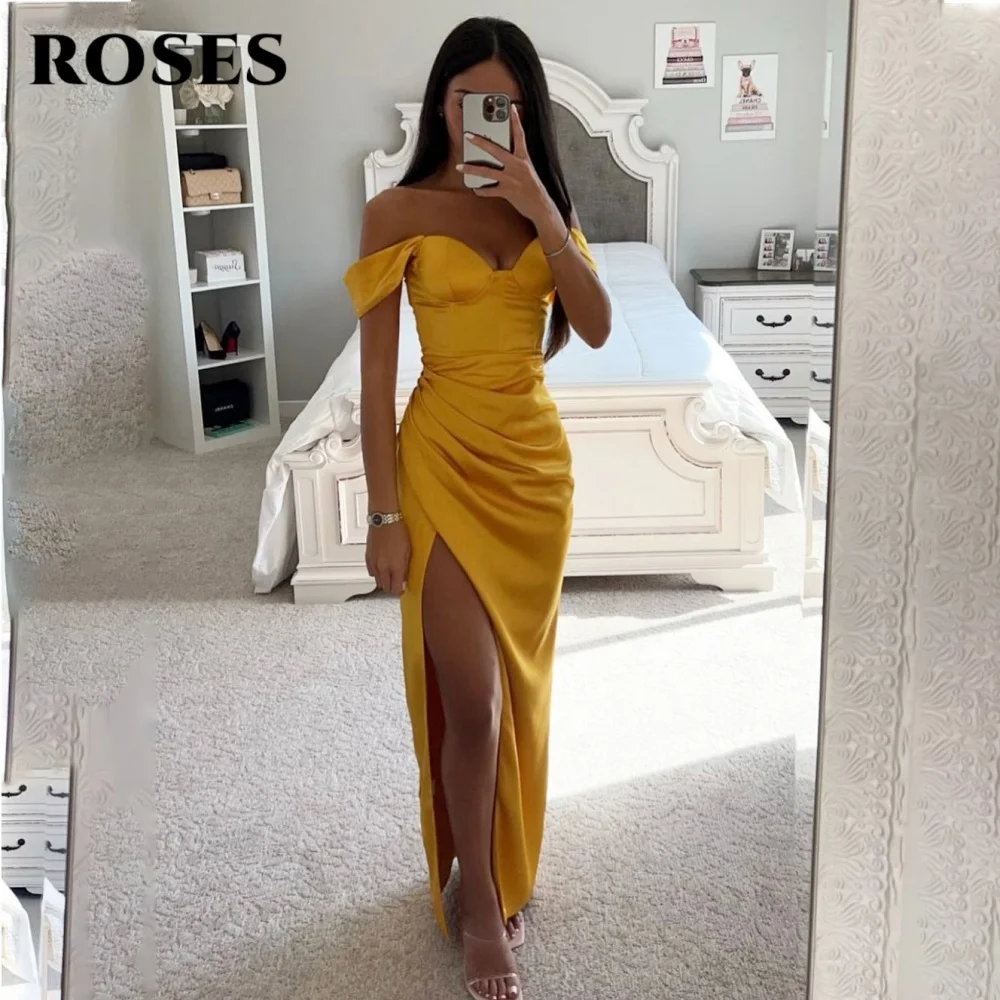 

ROSES Yellow Elegant Prom Dress Sweetheart Off the Shoulder Evening Gown Satin Pleating Side Split Formal Dresses Customized