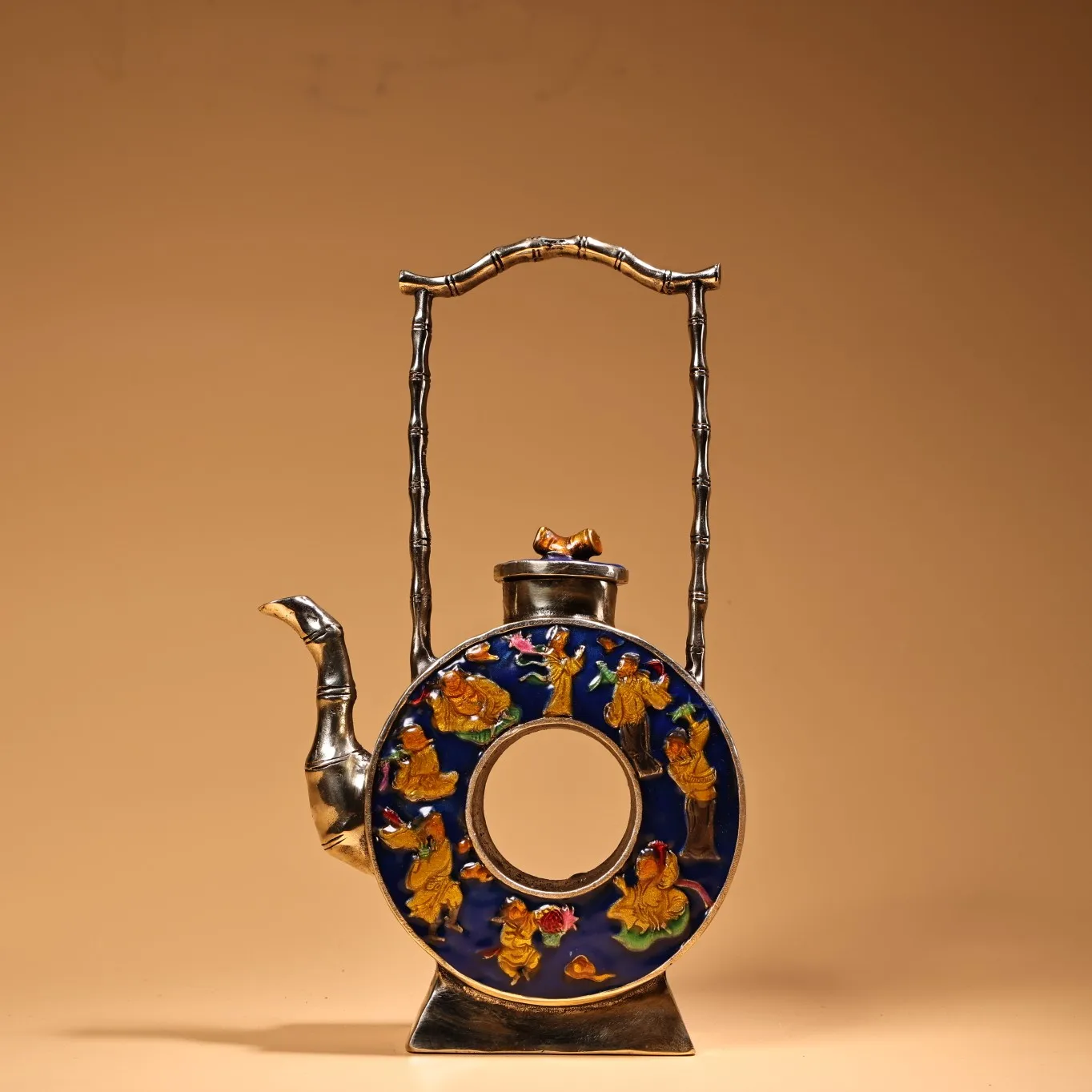 Colección de templo tibetano de 8 ", bronce antiguo, esmalte cloisonné, ocho ollas inmortales, tetera, adornos de riqueza, casa de ciudad