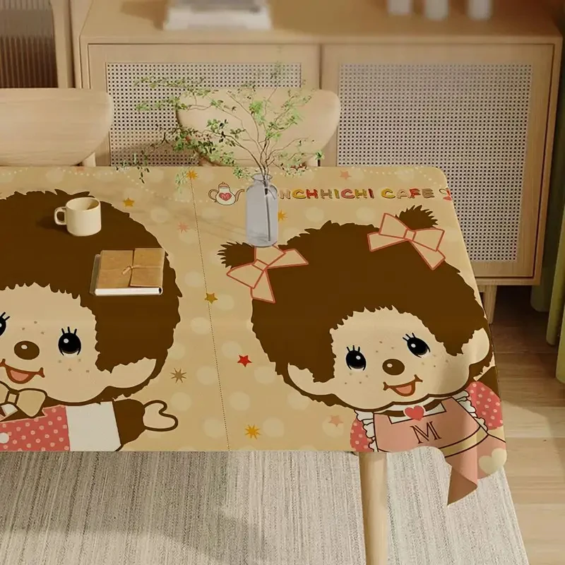 VIKAMA Beige Background Monchhichi Doll Print Table Cloth Stain Resistant Table Cover Sweet Cartoon Girl Room Party Decoration