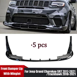 5PCS Front Bumper Lip With Winglet For Jeep Grand Cherokee SRT 2017-2021/Trackhawk 2018-2021 Glossy Black Carbon Fiber Style
