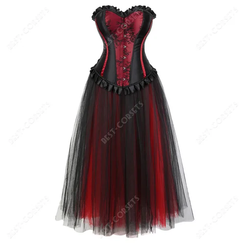 Imagen 1 del producto Corsé rojo con vestido, vestidos sexis con corsé para mujer, falda con corsé gótico de talla grande, vestido Maxi de malla de noche para fiesta con corsé