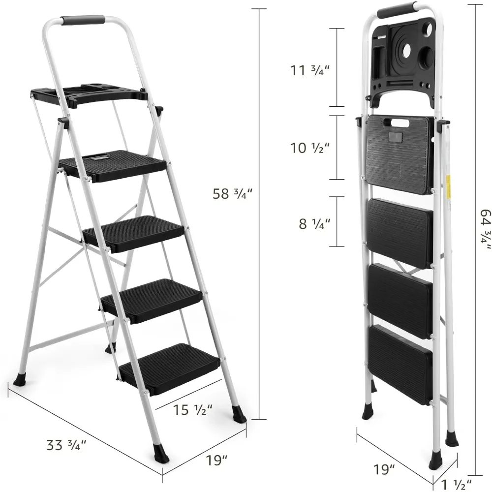 4-traps ladder met gereedschapsplatform, breed antislipplatform en dikke rubberen voetjes - Lichtgewicht, robuust, opvouwbaar en draagbaar