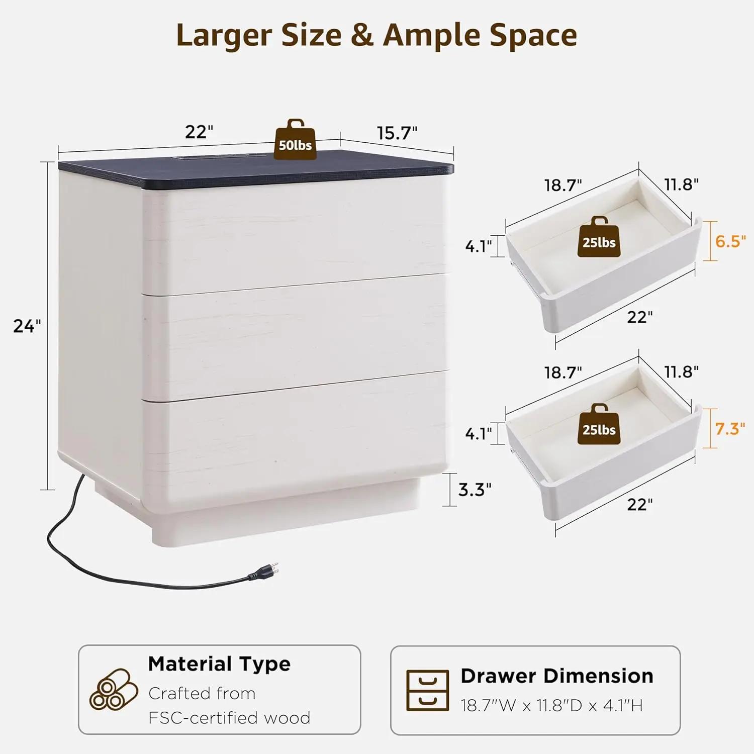 طقم منضدة حديثة مقاس 22 بوصة مكون من قطعتين مع قاعدة شحن، و3 أدراج قابلة للفتح، باللون الأبيض الفاتح #6