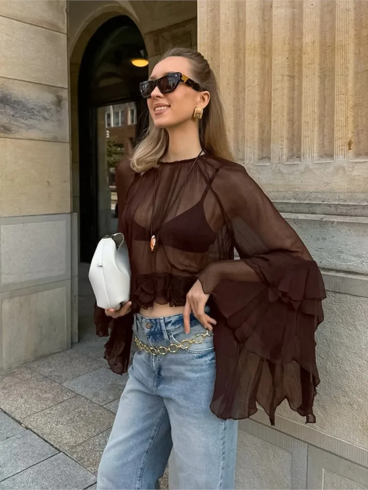

Сексуальная женская весенне-осенняя свободная тонкая темпераментная шифоновая рубашка Blusas De Mujeres с длинными рукавами и круглым вырезом, топы с рюшами и рукавами