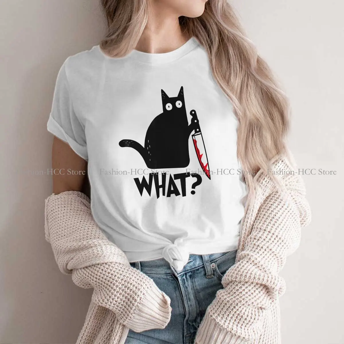 Cat What Murderous Polyester TShirts Black With Knife Personalize Women's T Shirt Funny Clothing