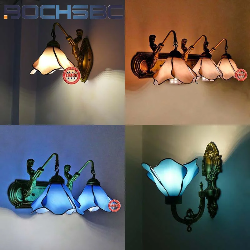 

BOCHSBC Tiffany style stained glass European lotus wall lamp for bedroom bed restaurant study corridor LED decor sconce light