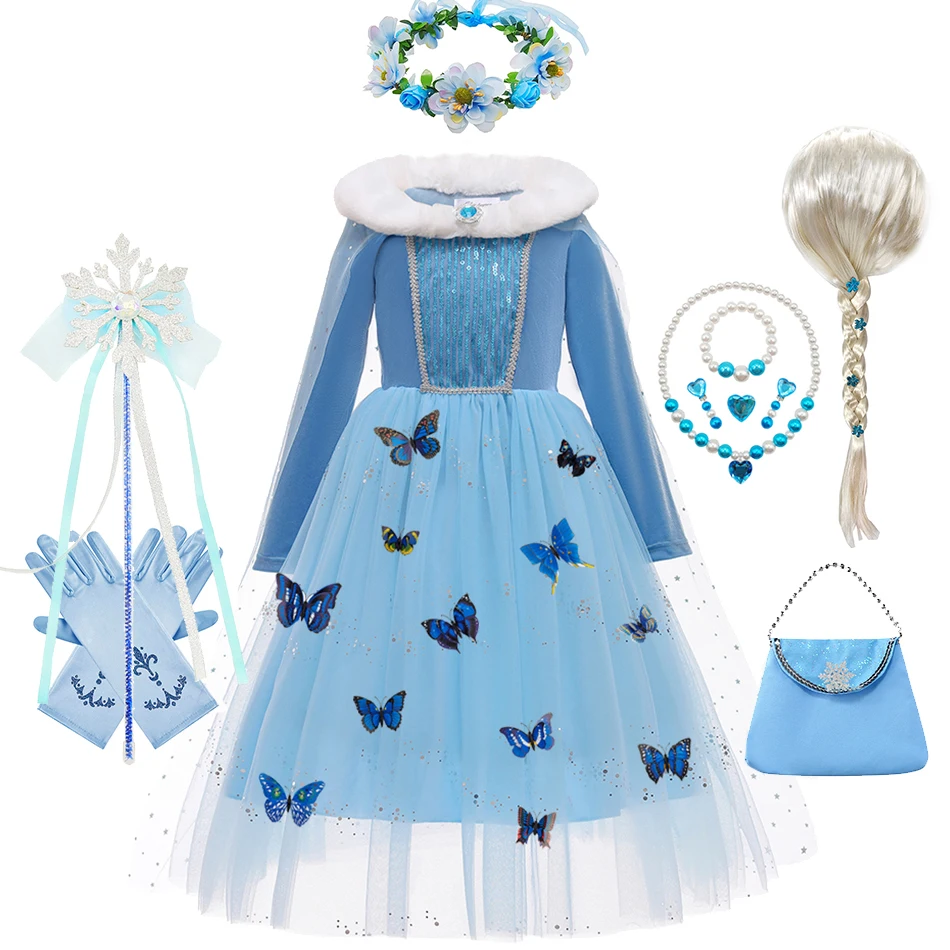 Gaun Cosplay Elsa Kartun Halloween dengan Jubah Anak Perempuan Gaun Putri Payet Beludru Musim Dingin Gaun Elegan Karnaval Anak-anak