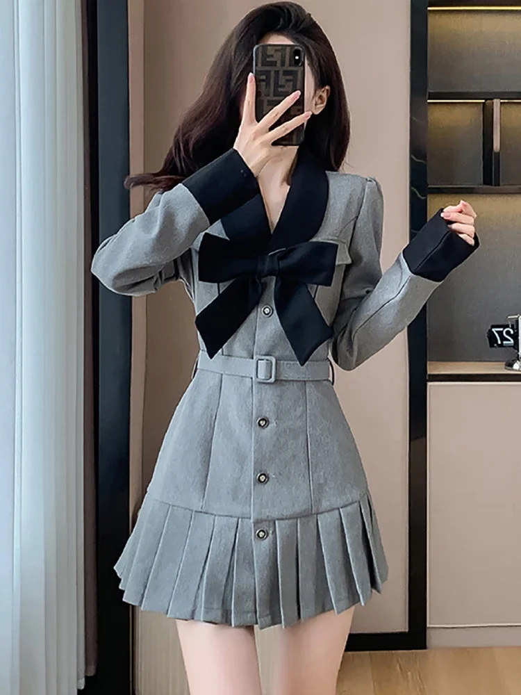 2024 New Chic Bow Y2k Mini Pleated Dress Women Long Sleeve Bodycon Casual Prom Clothes Autumn Winter Korean Elegant Party Dress