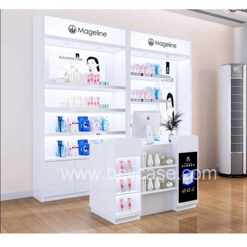 custom，High-end Cosmetics Shop Counter Design Retail Display Showcase for Makeup with Light  Wood Cosmetics Shop Furniture