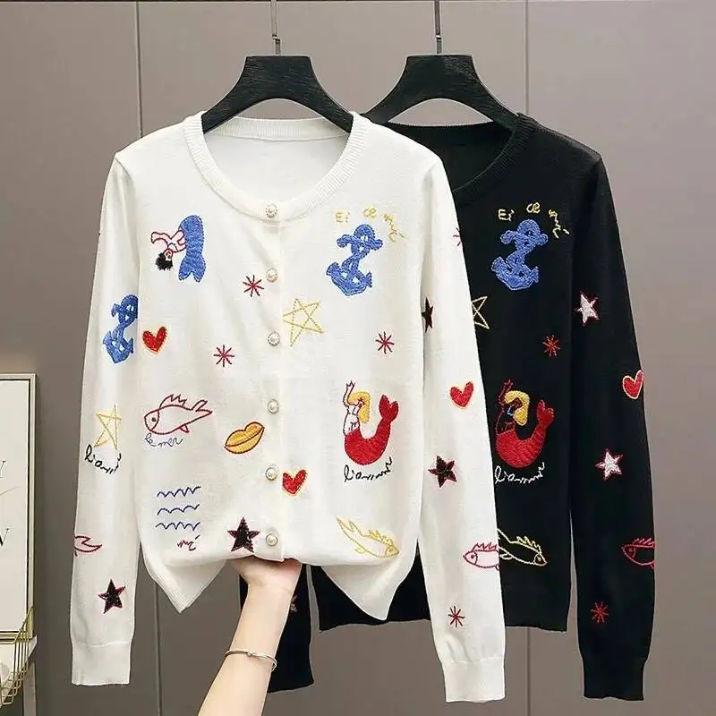Women Sweater Autumn New Long Sleeve Femme Knitwear Mujer Cardigan Leisure Jacket Bee Flower Embroidery Top Jumpers
