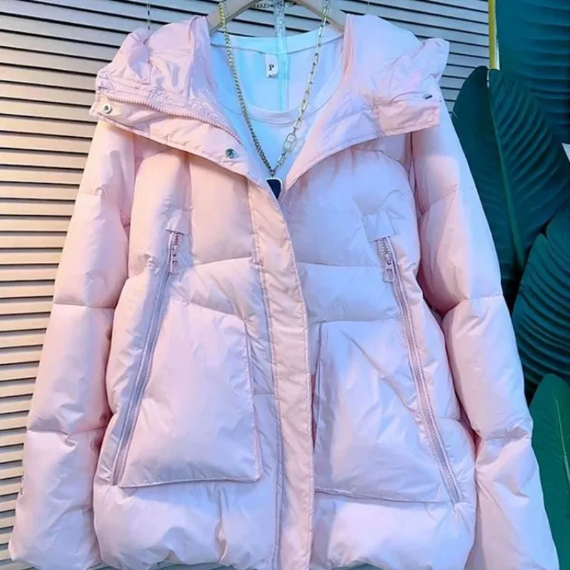 신상 후드 유럽풍 루즈핏 외국산 다운 재킷 겨울 단색 상의 고급 대형 사이즈 세련된 개성 심플