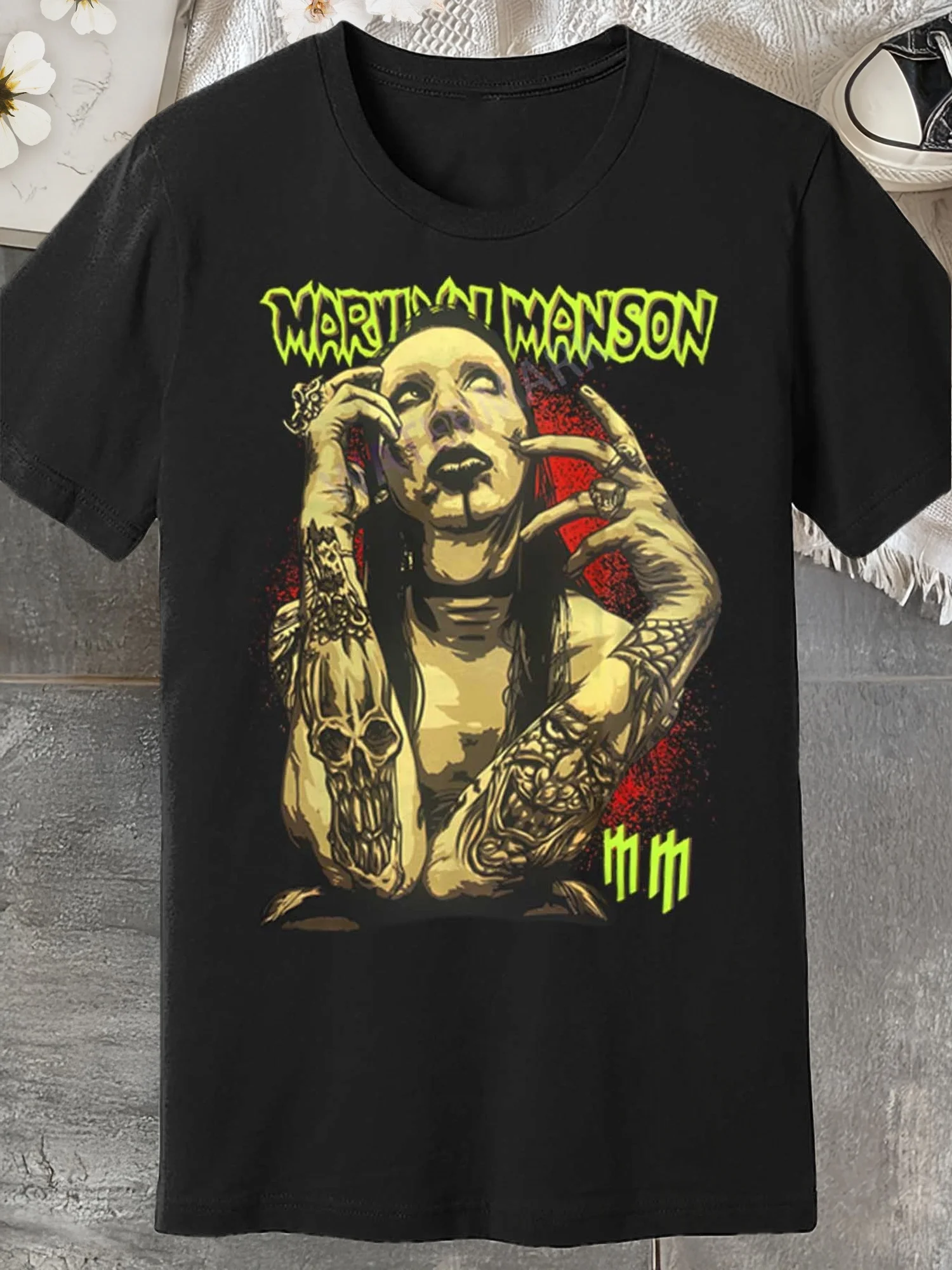 Malcolm Manson Pattern T-Shirt Stimulating Marilyn Manson Inspired Design Firm Letters Loose Crew Neck Medium Stretch Fabric