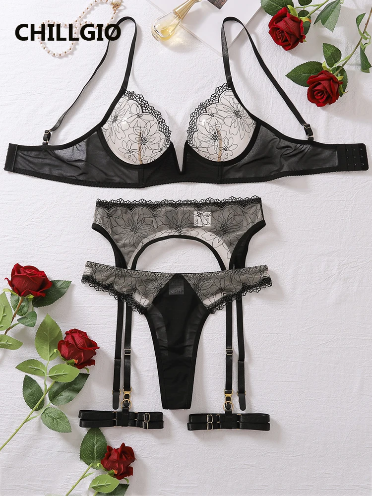 

CHILLGIO Women Embroidery Splicing Bra Brief Suits Transparent Lingerie Ultra Sexy Erotic Mesh Underwear Women Set Club Outfits