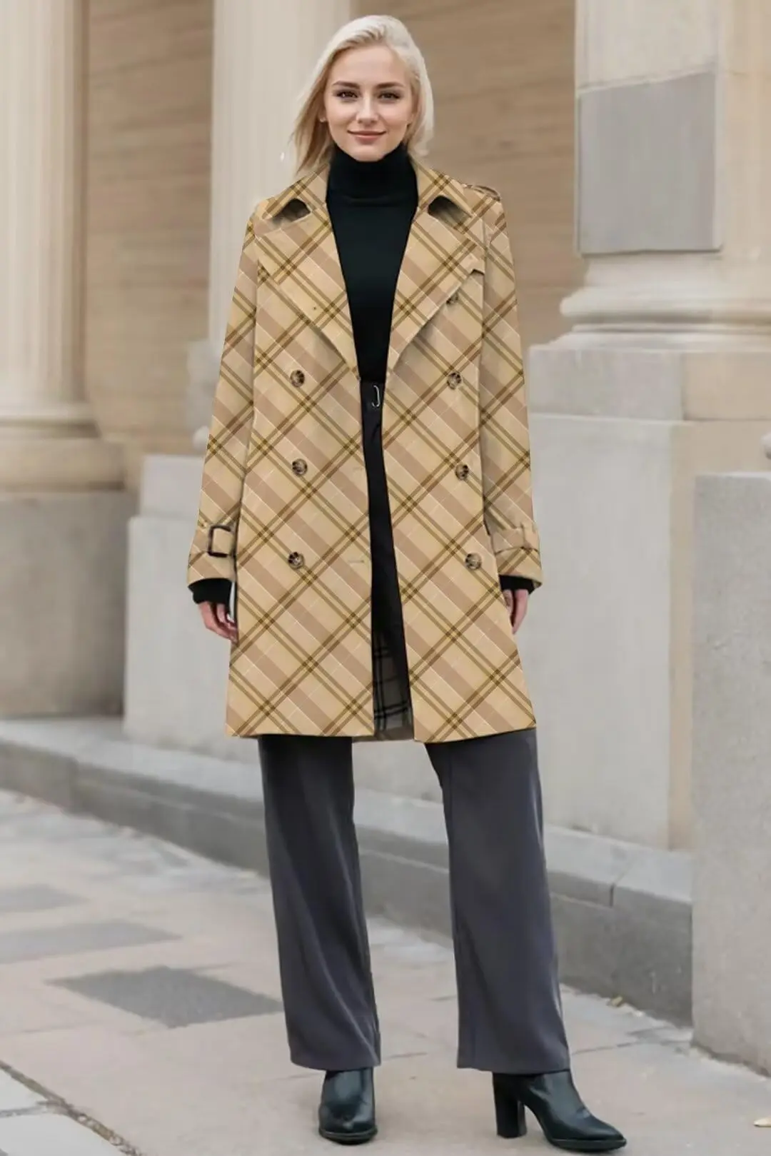 Women Double‑Breasted Trench Coat with Belt Classic Lapel Water‑Resistant Windbreaker for Daily Office Outdoor Wear