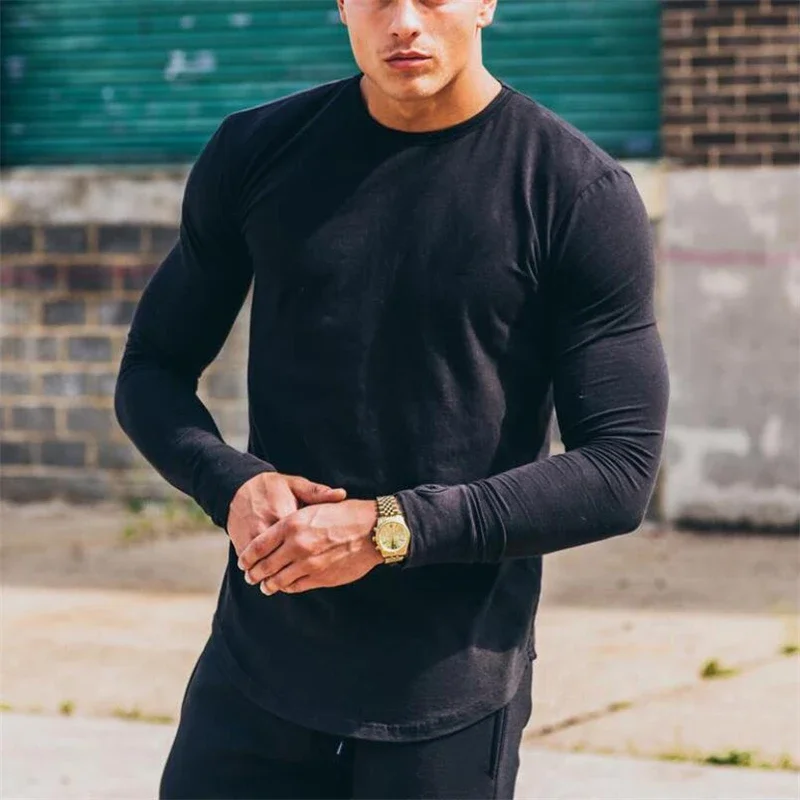 Plain Cotton Breathable Long Sleeve Clothing Gym Fitness Bodybuilding Sport T-shirts Mens Workout Casual Slim Fit Autumn Shirts