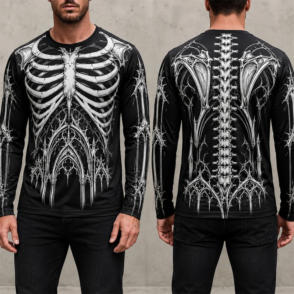 Halloween Men Skeleton Bones Printed T-Shirt Long Sleeve Crew Neck Graphic Tops 3D Rib Cage Costume Casual Men T-Shirts
