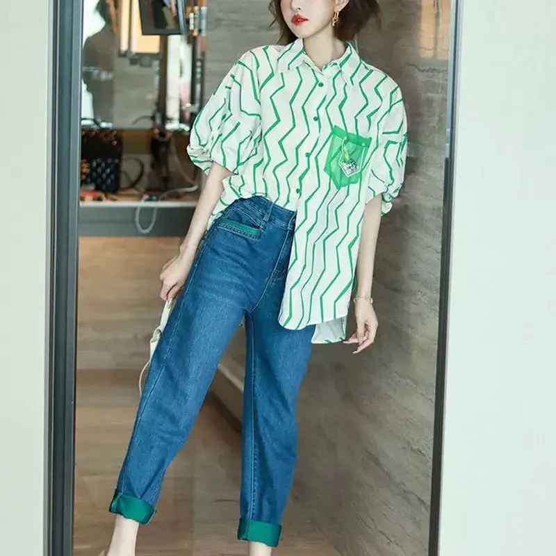 Women\'s Clothing Wave Cut Printed Shirt Commute Loose Summer Fashion Single-breasted Korean Short Sleeve Pockets Spliced Blouse