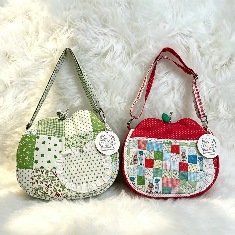Cute Apple Shape Women cotton fabric Crossbody Bag Vintage Patchwork Floral Plaid Splicing Lace Decor Small Shoulder Handbag