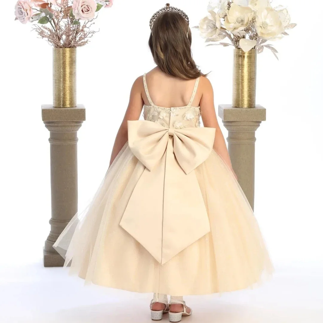 Vestido personalizado de flores color champán para niña, flores, boda, cumpleaños, con lazo, apliques sin mangas para fiesta, banquete, vestido de princesa