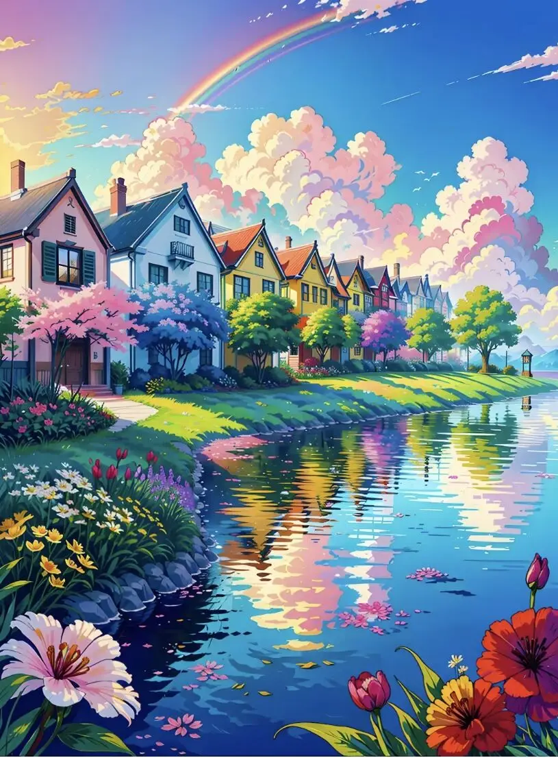 

9ct 60x80cm Rainbow Town Embroidery DIY Chinese Style Printed Kits Cross Stitch Needlework Set Home Decor Crafts New