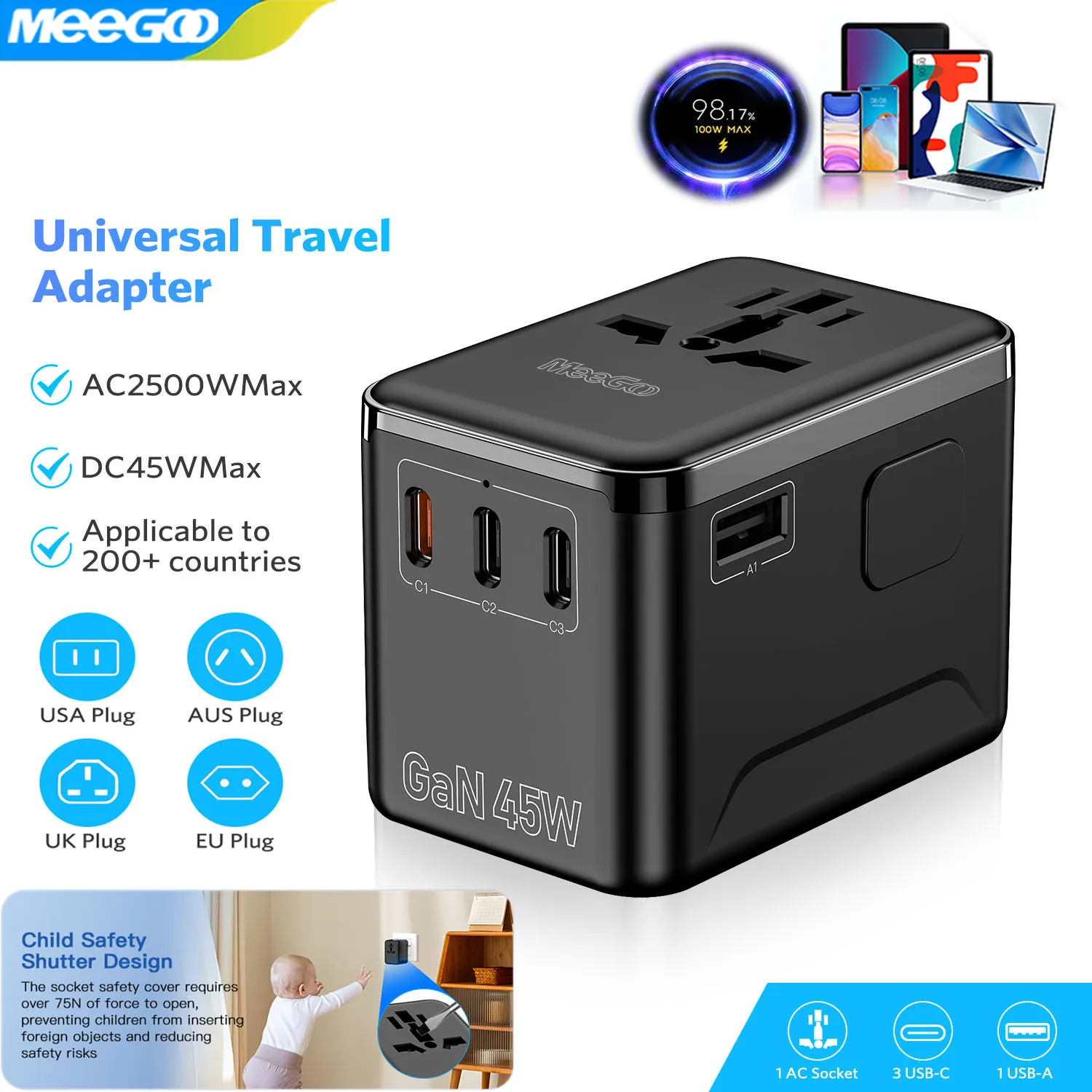 MeeGoo 45 W GaN Internationaler Reiseadapter mit 1 USB 3 Typ C GaN Schnellladeadapter mit EU AU US UK Stecker für Wandladegerät