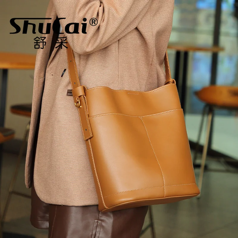 Genuine Leather Shoulder Crossbody Bucket Bag Female Large Capacity Women's Fashion Work Underarm Bag