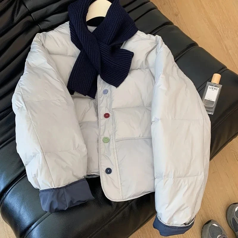 

Scarf Korean new gentle milk blue cotton-padded jacket 2025 autumn and winter Joker loose contrast short cotton coat.