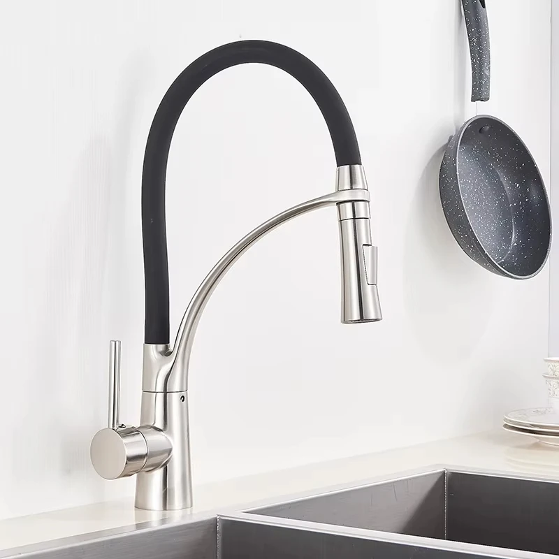 Chrome plated/brushed nickel pull-down kitchen faucet with black hose, installed on deck with hot and cold water mixer sink fauc