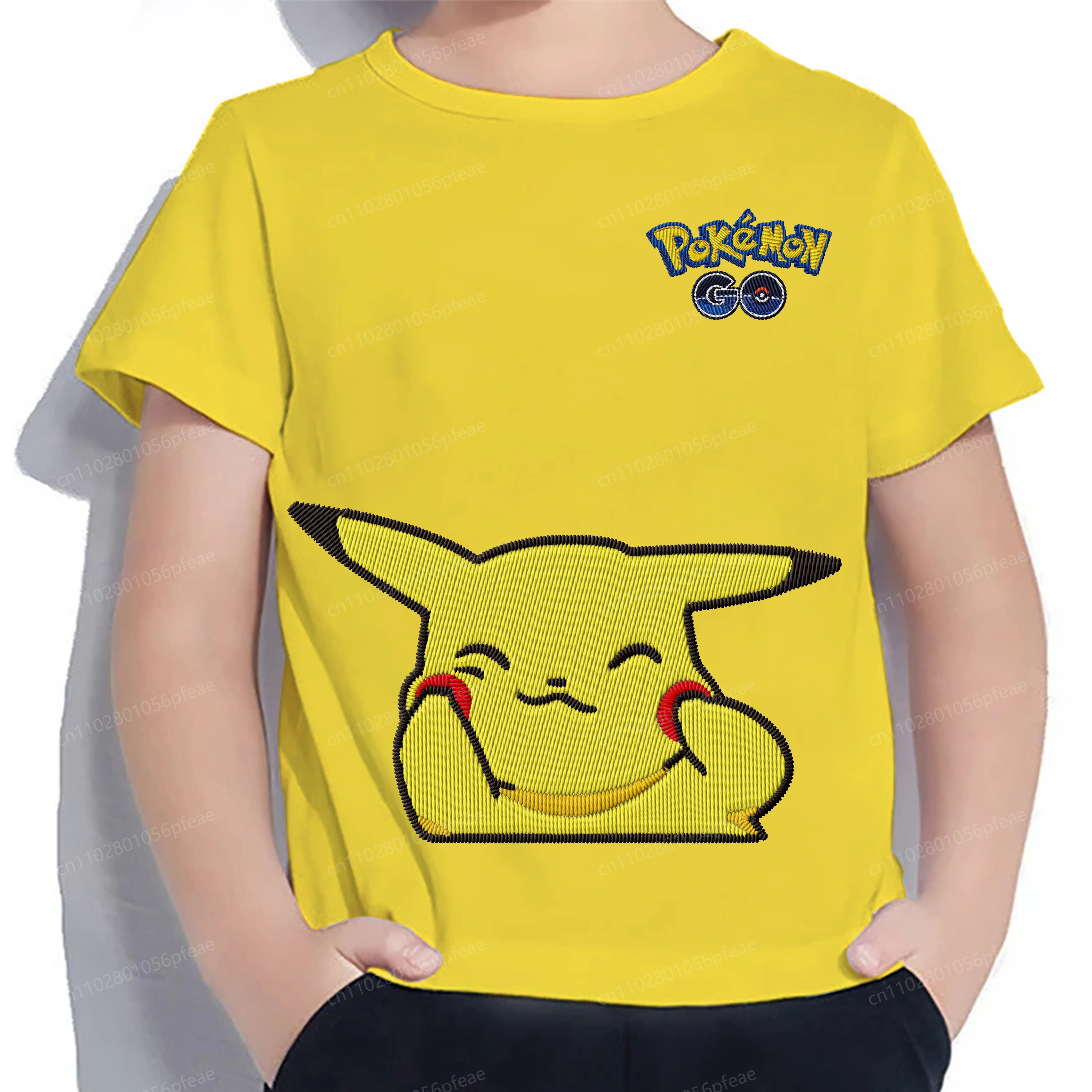 

2025 Kids Clothes T-shirt Pikachu Embroidery T-shirts for Boys Top Boy Crew Neck Children's Clothing Pokémon Summer Pure Cotton