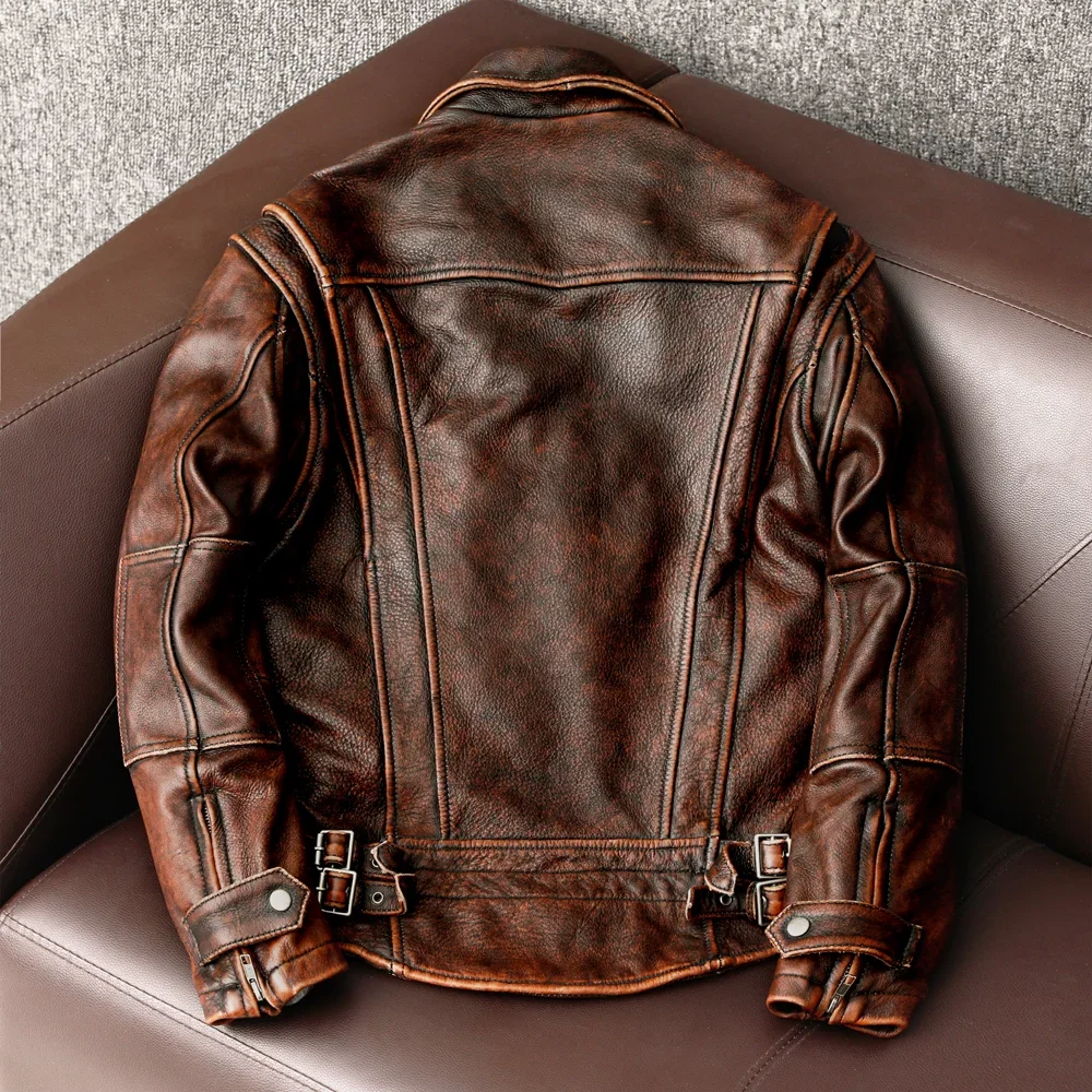 Men Genuine Leather Jacket Vintage Brown 100% Cowhide Coat Man Slim Fashion Biker Clothing Asian Size S-6XL M697 Dropshipping