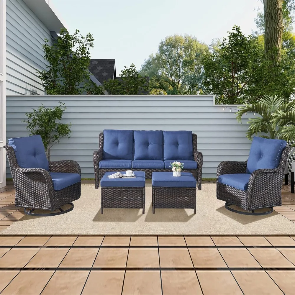 

5 Piece Outdoor Patio Furniture Set - Rattan Wicker Patio Conversation Sets with 2 Swivel Rocker Chairs,2 Ottomans and 1 Sofa