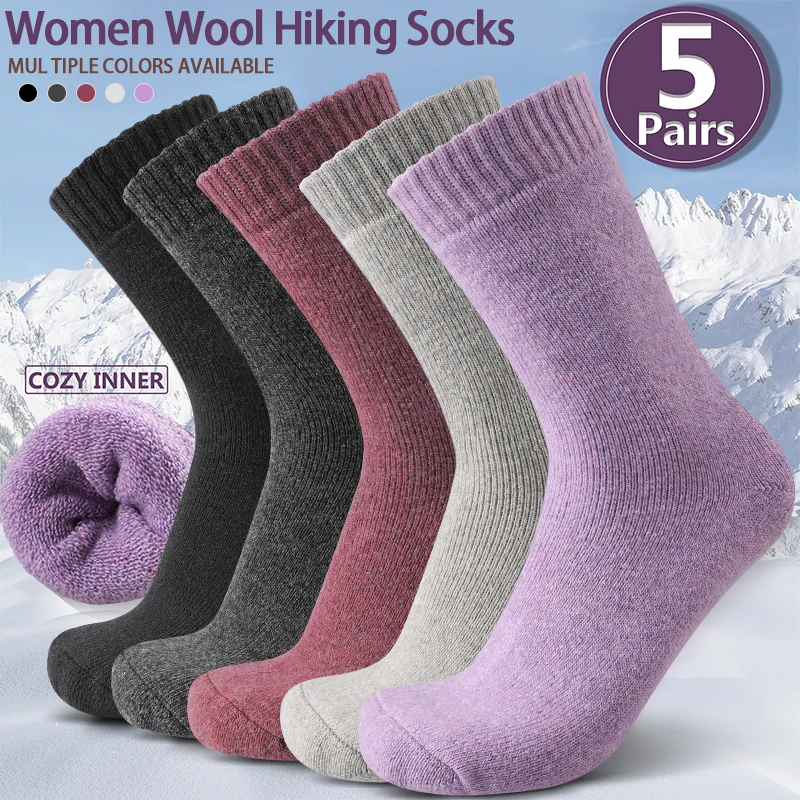 

5Pairs Autumn Winter Women Thicken Hiking Socks Couples Solid Color Cushion Moisture Wicking Crew Boot Sock for Cold Weather