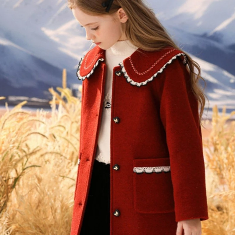 Girls Woolen Coat Jacket Windbreak 2023 Red Wine Warm Thicken Winter Cotton Overcoat Christmas Teenagers Children\'s Clothing