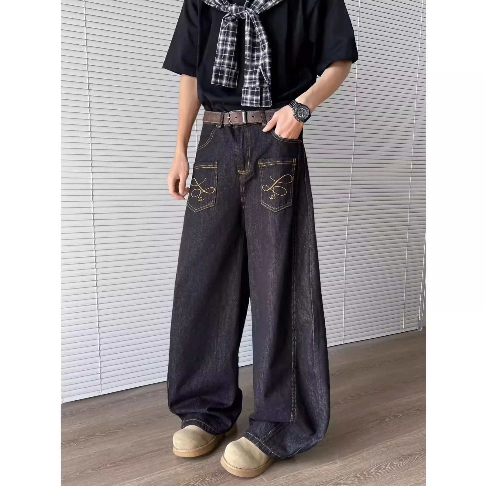 

Loose American Design Men's Jeans Spring Autumn Vintage Trendy Wide Leg Floor Length Knife Casual Faion Polyester Fiber