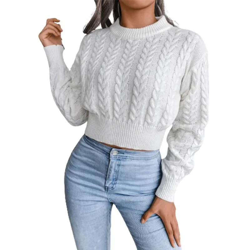 Women Solid Color Twisted Knitted Sweater Autumn Winter Fashion Long Sleeve Slim Fit Short Jumpers New Thickened Warm Woven Tops