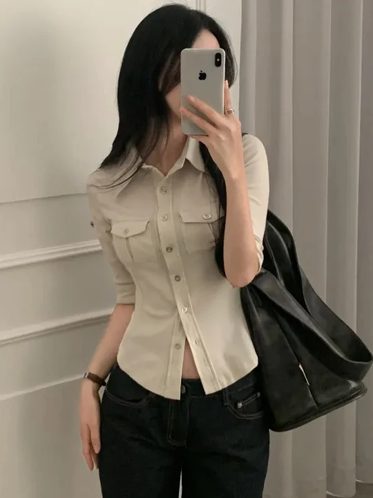 

Ретро-рубашка с воротником для женщин, повседневная, приталенная, в корейском стиле, модный топ с дизайном на одной пуговице, подчеркивающий талию
