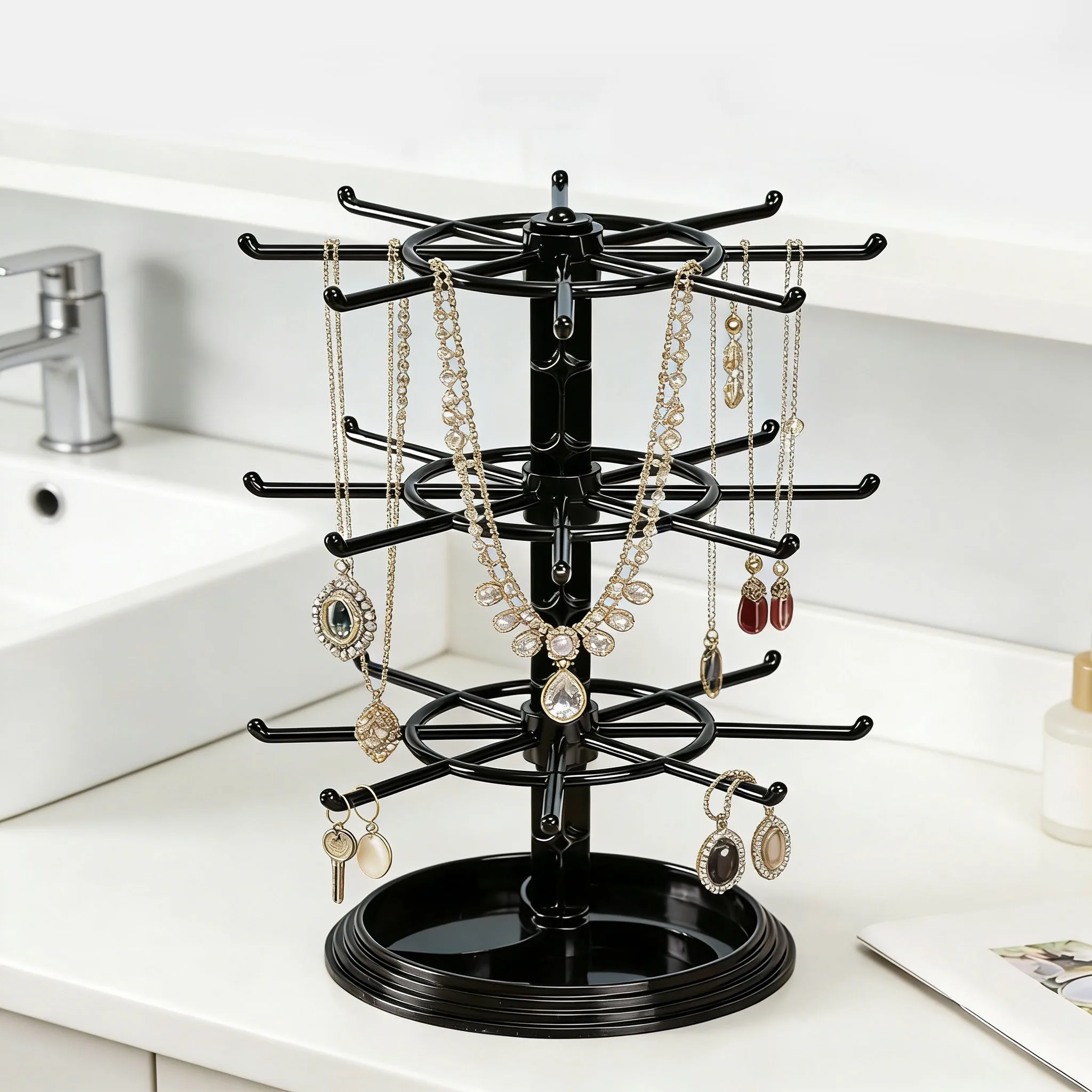 Three-Tier Rotating Jewelry Display Stand, Detachable Desktop Organizer, Keychains, Necklaces, Rings, Earrings, Hair Holder