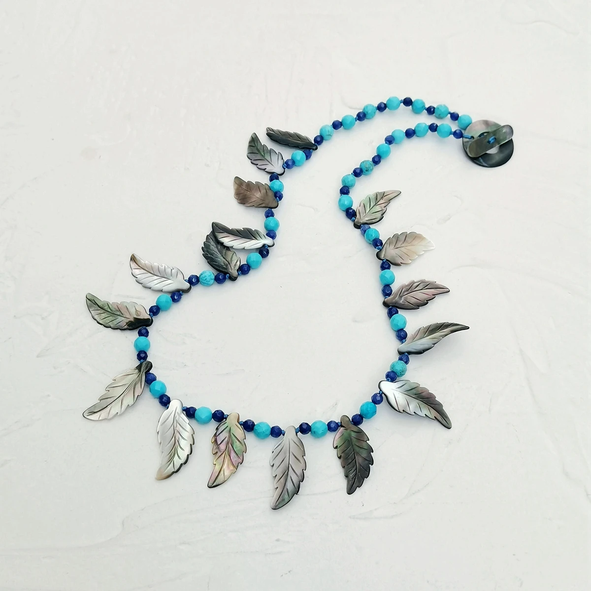 Lii Ji Blue Gray Necklace 55cm Blue Turquoise Mother of Pearl Shell Leaf Women Choker Necklace Stock Sale Jewelry