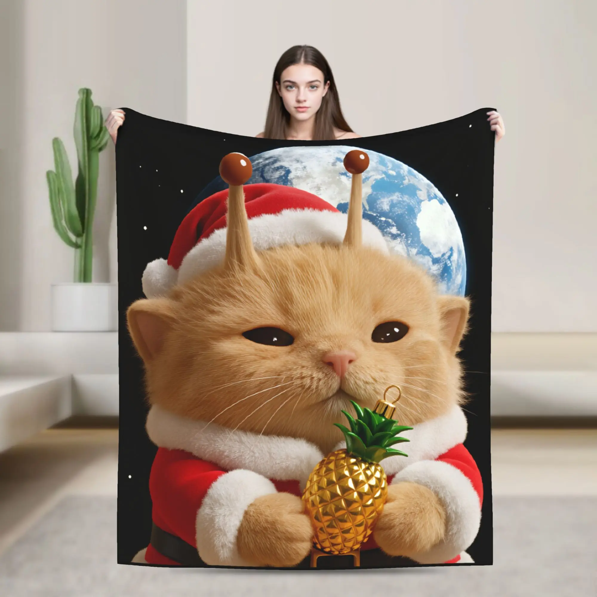 Super Soft Blanket Picnic Funny Christmas Space Cat Throw Blanket Novelty  Bedspread For Sofa Home