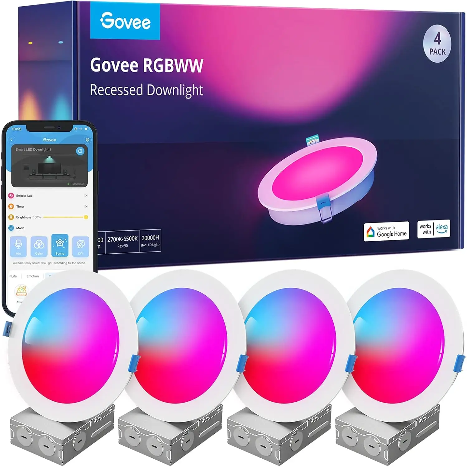

6 Inch Smart Recessed LED Lights, Wi-Fi/Bluetooth RGBWW, 1100 Lumen, 4-Pack, Works with Alexa & Assistant