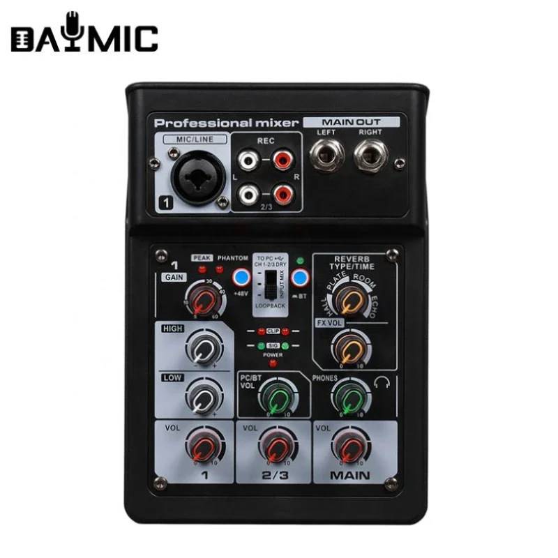 Mini USB audio mixer 48V Phantom Power BT 2 Channels Professional portable Audio Interface sound mixer for recording