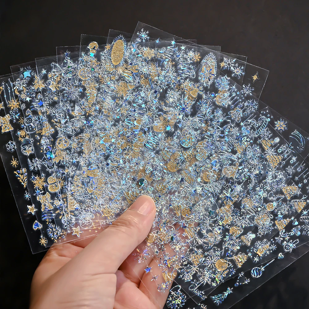 12Pcs 3D Weihnachten Nagel Aufkleber Reflektierende Glitter Weihnachten Baum Lebkuchen Schneeflocken Elch Klebe Aufkleber Neue Jahr Winter Slider