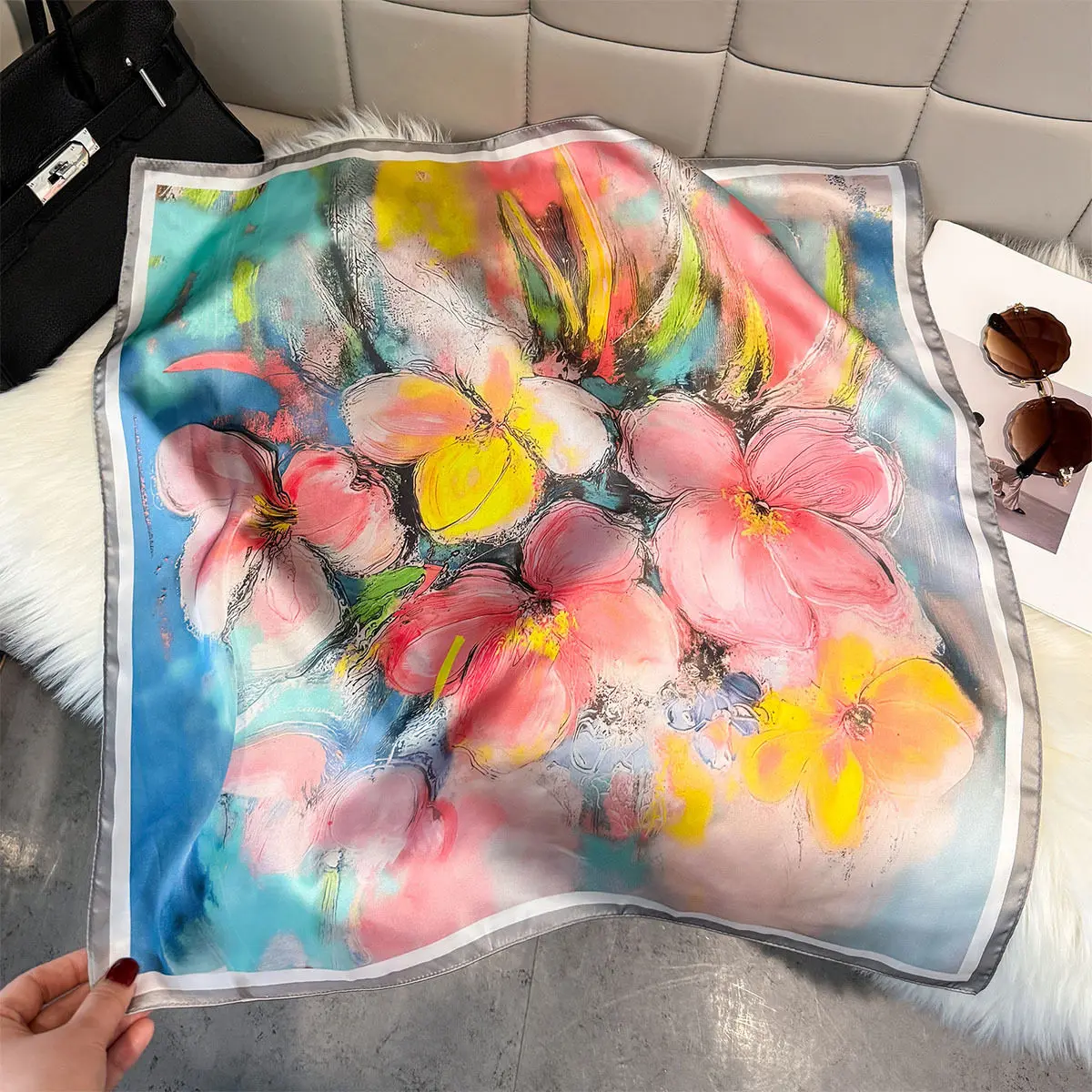 New summer sun protection thin floral print faux silk 70 small square scarf decorative shawl neckerchief dual-use women's scarf
