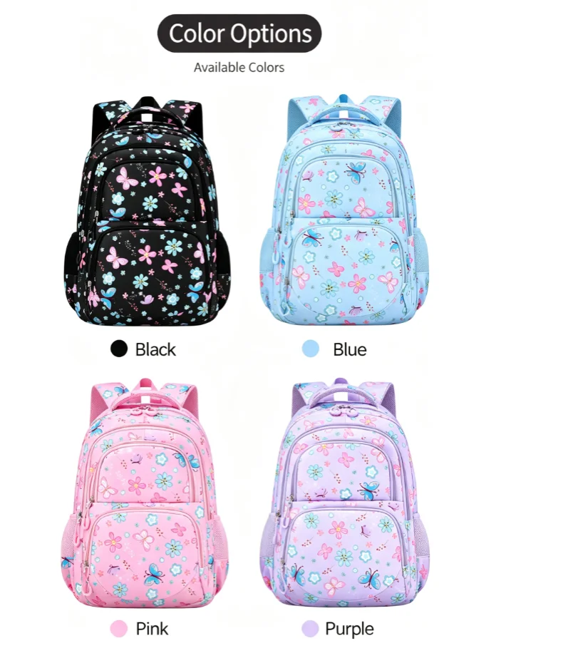 Girls 3Pcs Flower Butterfly Print School Backpack Set, Elementary Middle School Student Bookbag with Lunch Box & Pencil Case