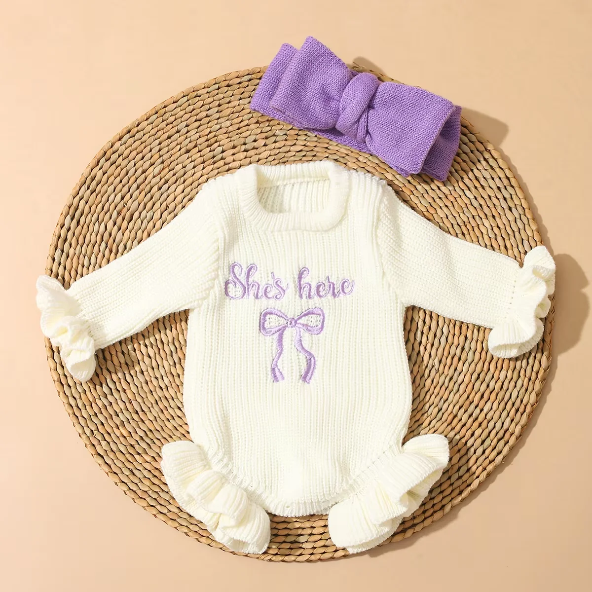 2-delige set gebreide pasgeboren fotografie-outfits met strik hoofdband boog borduurwerk babymeisje ruche romper baby breien trui