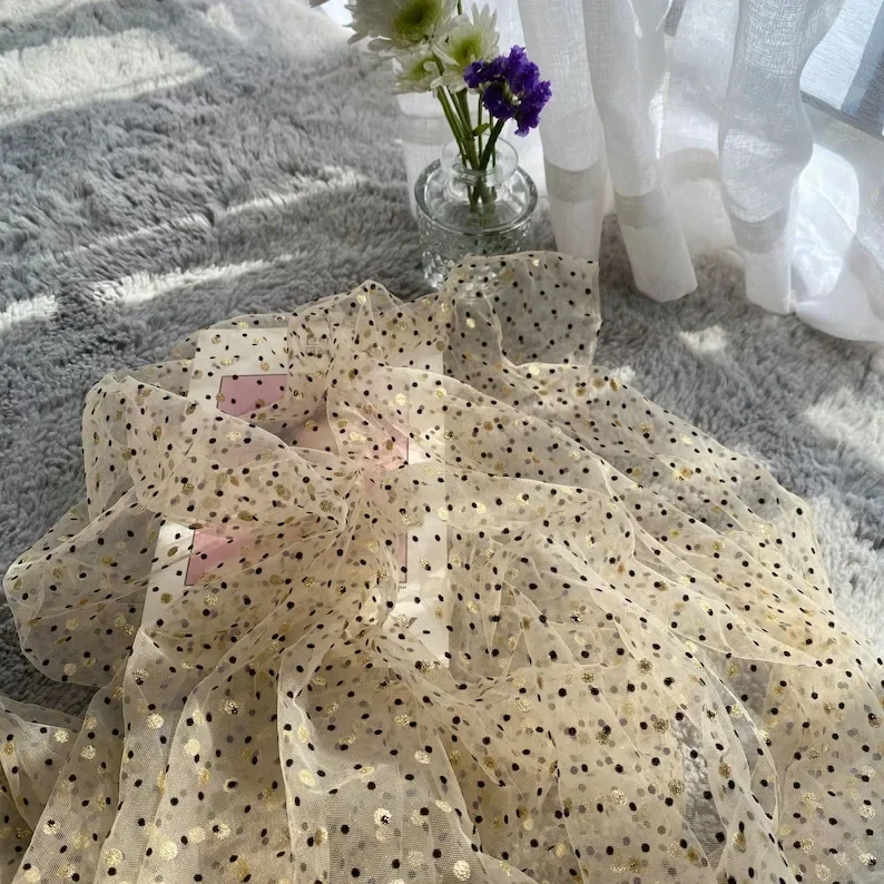 4 Colors Polka Dot Flocking Lace Fabric Gold Glitter black dot soft Tulle Fabric For Girl Dress Tutu Dress Wedding