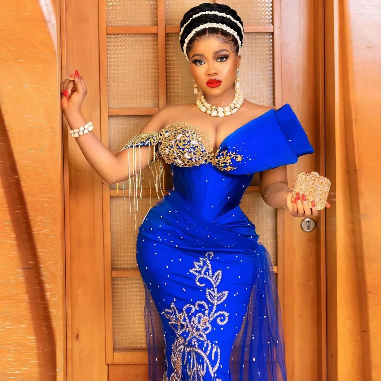 Luxury Handmade Beading African Prom Dresses Traditional Nigerian Royal Blue Formal Occasion Dress Aso Ebi Wedding Guests Gowns