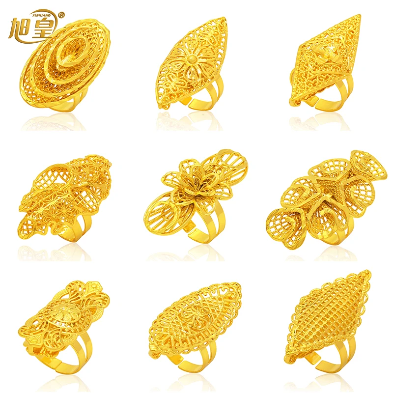 XUHUANG France Gold Color Long Charm Ring 24K Gold Plated Fashion Design Flowers Dubai Ethiopian Party Wedding Gifts Wholesale