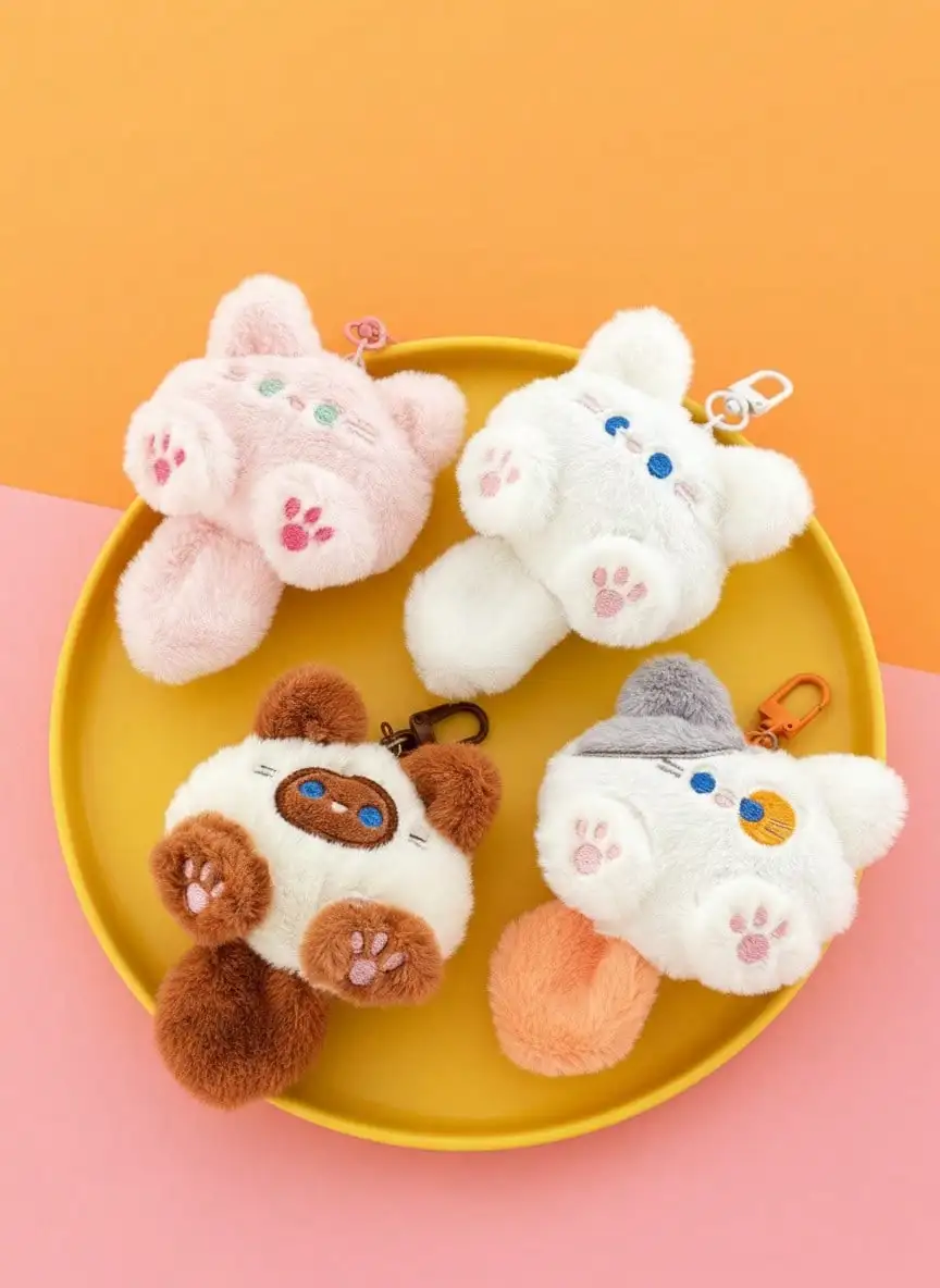 

Набор из 4 плюшевых брелоков-животных с клипсой - Мягкие пушистые подвески в виде кошек для сумок, ключей, рюкзаков